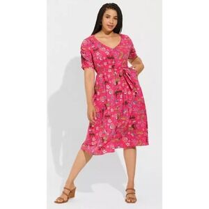 Torrid 3 Pink Floral Leopard Print Button Front Midi Dress Size 3x 22 24